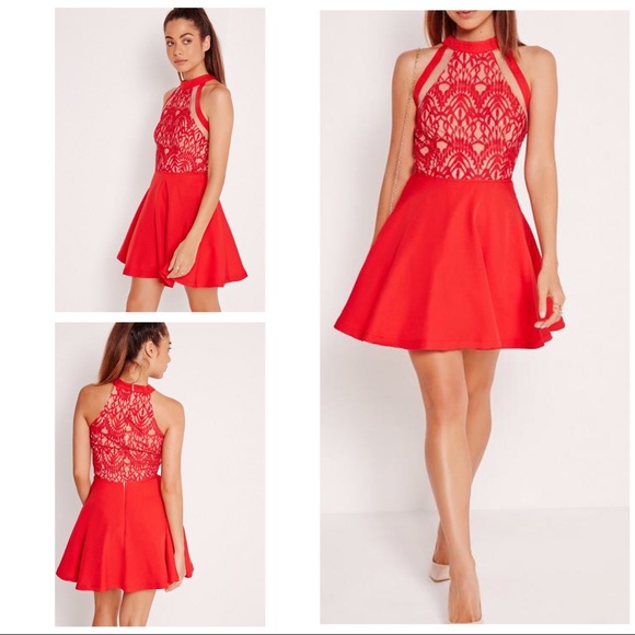 ASOS Dresses & Skirts - EUC Missguided Mesh Stripe Lace Skater Red Dress